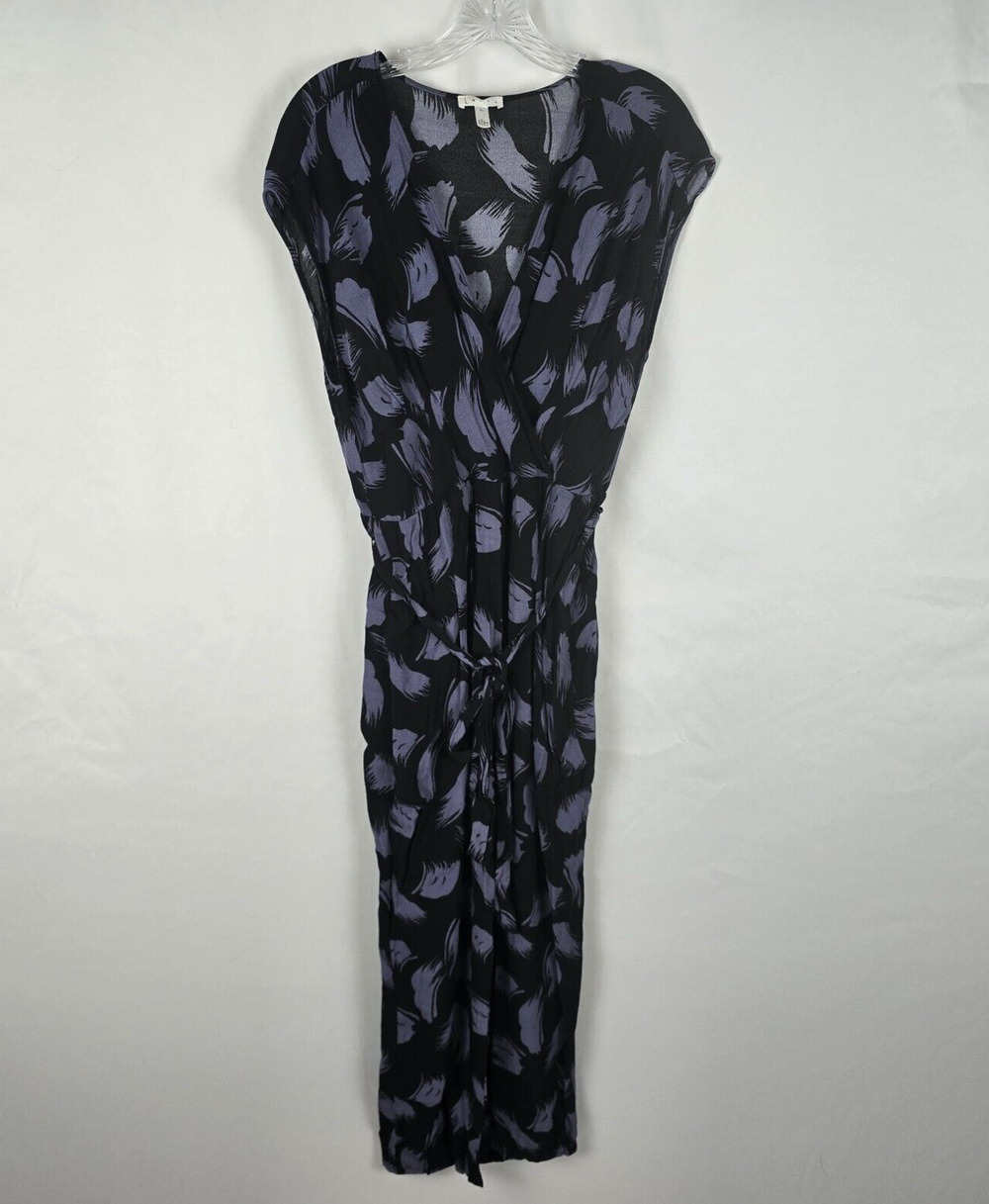Leith Jumpsuit Women's XL Black Purple Feather Wrap Cap Sleeve Wide Leg Belt
